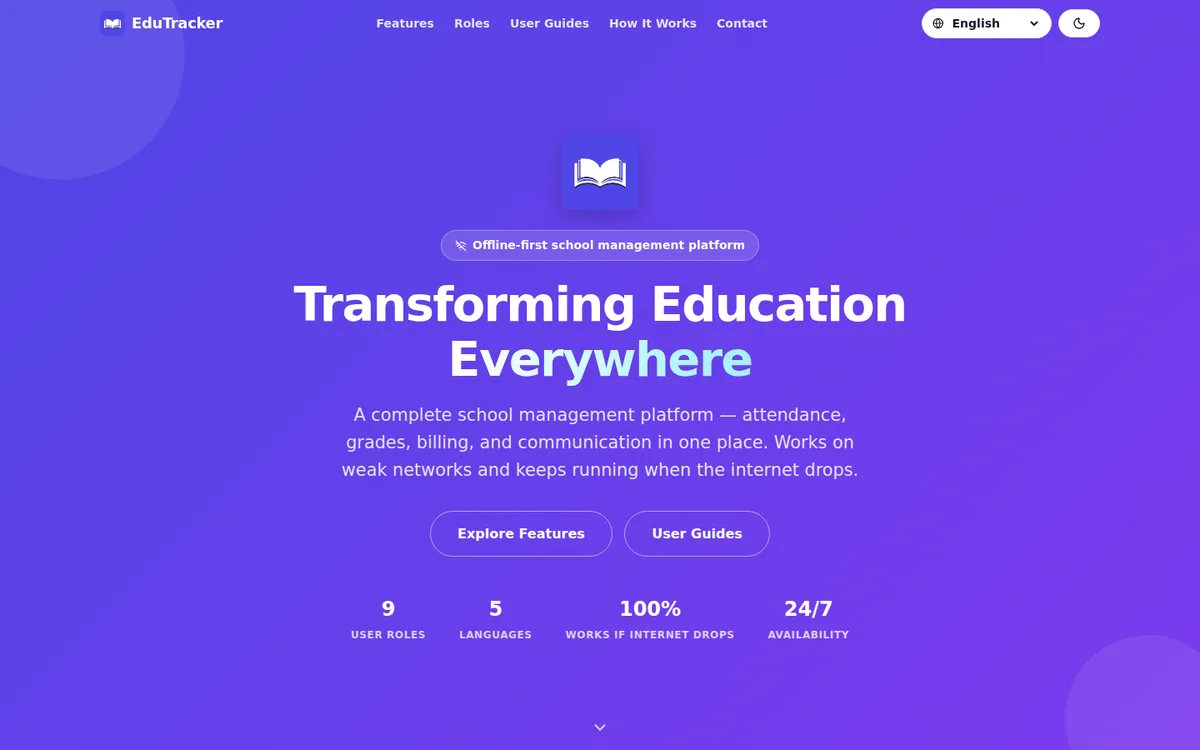 EduTracker home page, captured from the live website