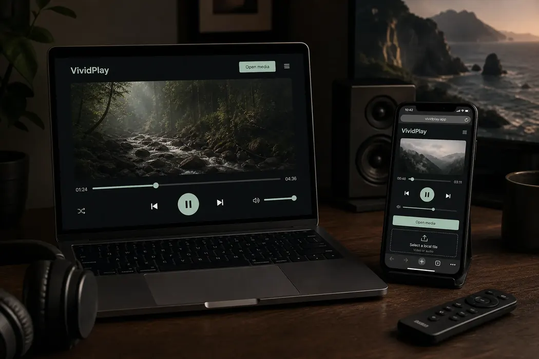 VividPlay media player on laptop and phone