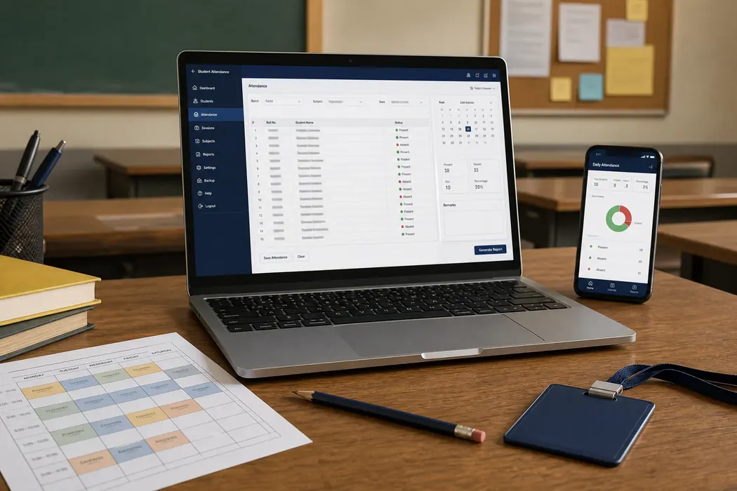 Java student attendance application on laptop and phone
