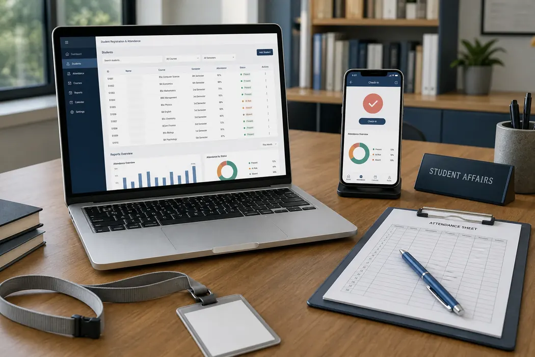 Student registration and attendance system on laptop and phone